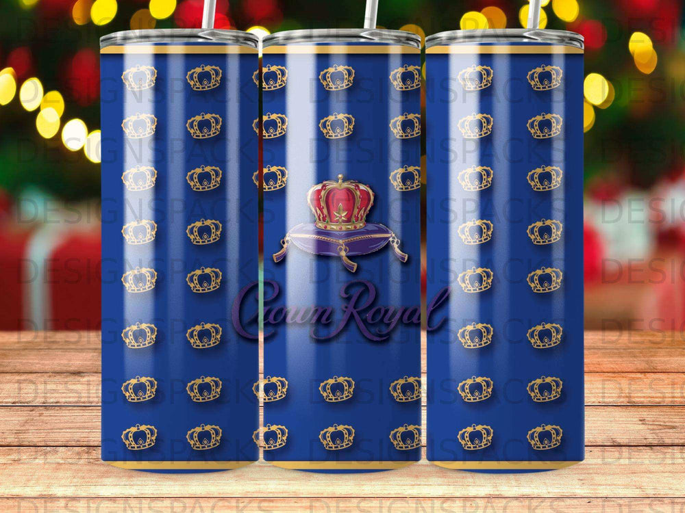 Crown Royal logo with gold crowns pattern on a blue tumbler.