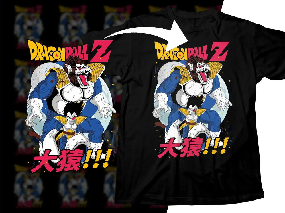 Dragon Ball Z Vegeta Great Ape design on black t-shirt, print-ready graphic for DTG/DTF