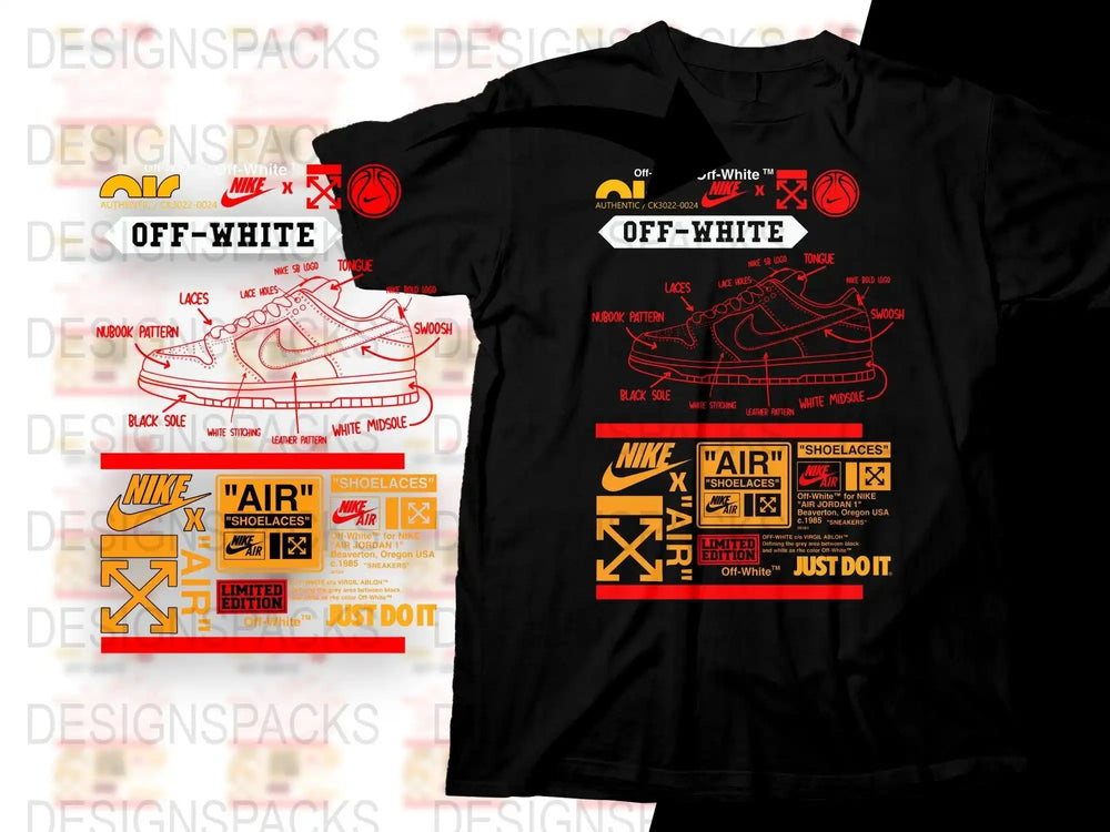 Black t-shirt with Off-White x Nike Air Jordan sneaker blueprint design, print-ready graphic for DTG/DTF