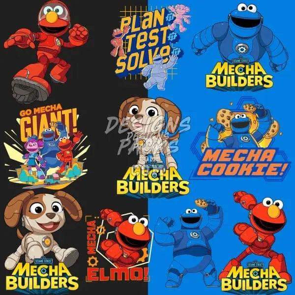 Mecha Builders Elmo and Cookie Monster designs for DTF/DTG and embroidery, print-ready PNG/SVG