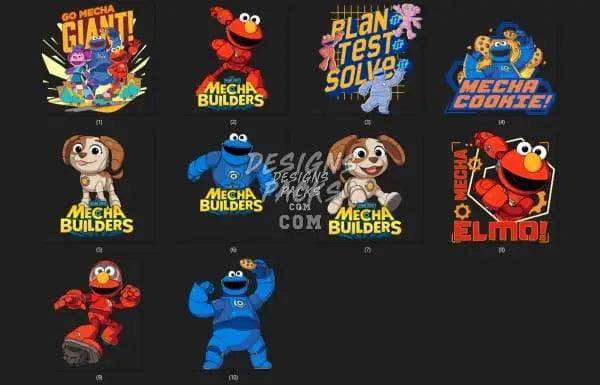 Mecha Builders and Elmo designs for DTF/DTG, embroidery, and tumbler wraps, print-ready PNG, PES, SVG