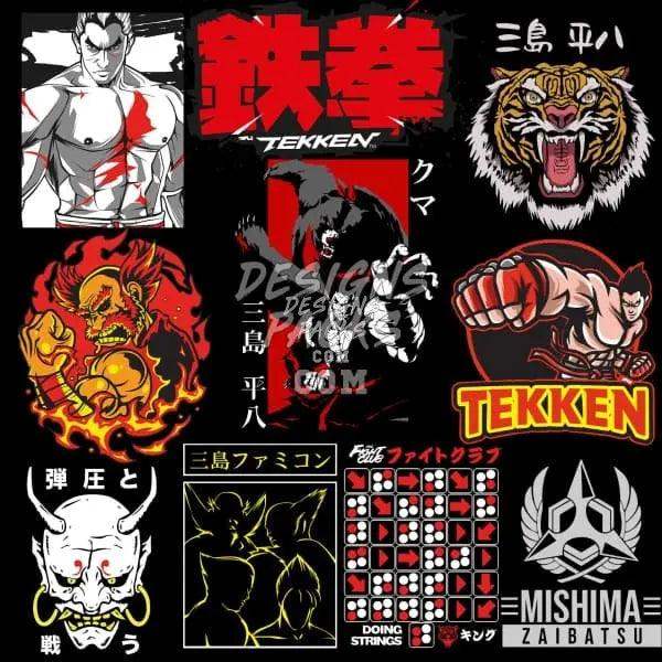 Tekken game character designs, logos, and Japanese text for DTF/DTG print-ready bundles