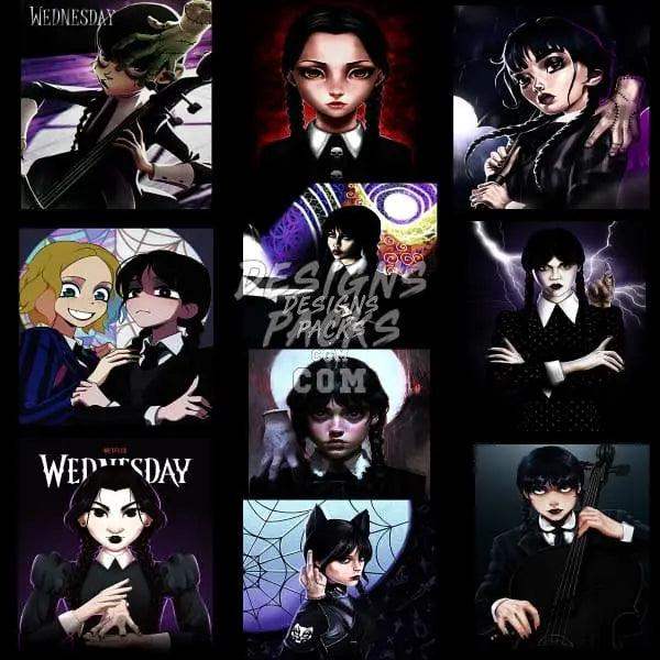 Wednesday Addams digital art bundle for DTF, DTG, embroidery, and tumbler wraps