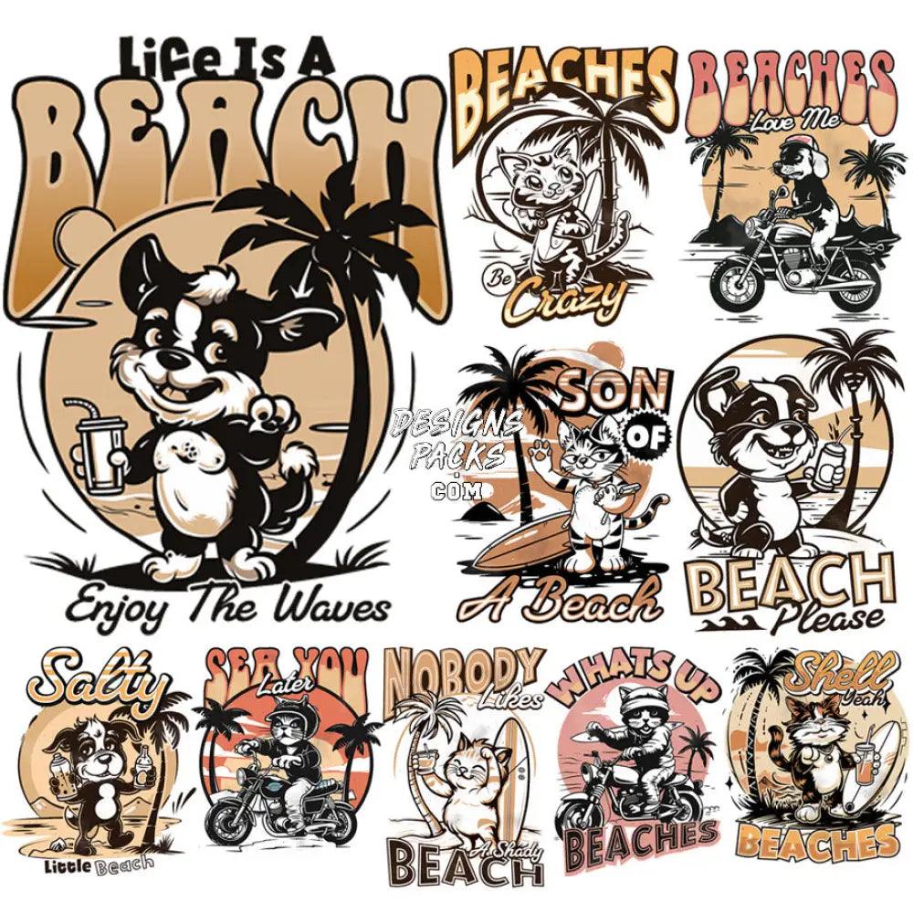 10 Dogs & Cats Funny Beach Summer Designs Bundle Png