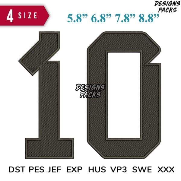 Embroidery design of number 10 in 4 sizes, compatible with DST PES JEF formats for sports jerseys.