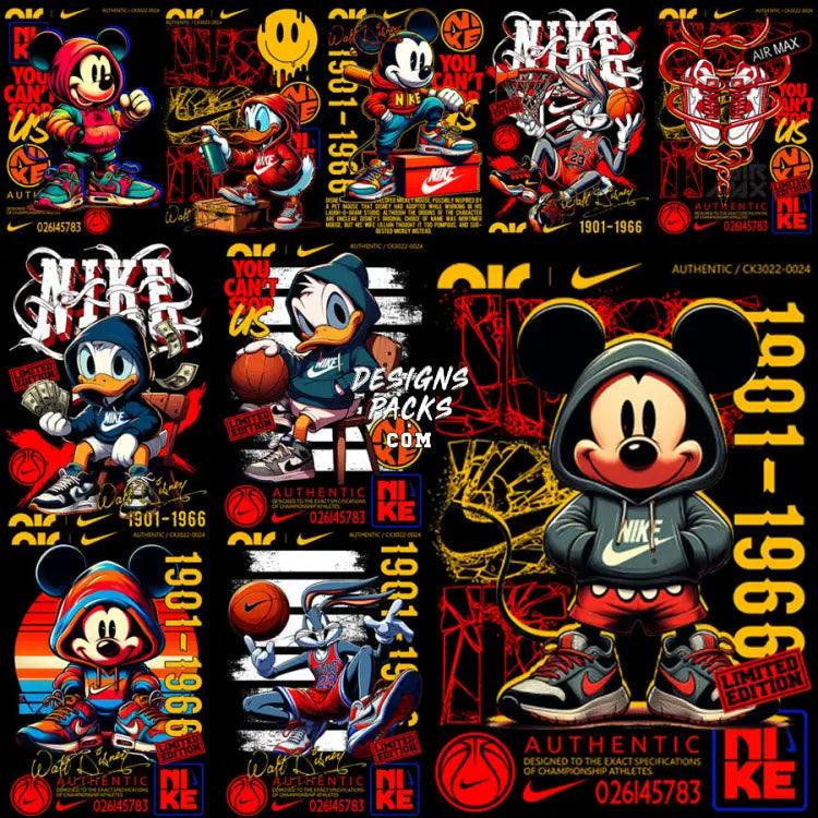 10 Swoosh Brand Cartoon Mouse Streetwear Designs Bundle Png + Psd