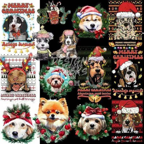 Christmas dog designs for DTF, DTG, embroidery & tumbler wraps — festive pups in Santa hats, wreaths, reindeer antlers