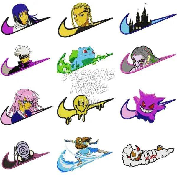 Custom Nike swoosh designs with anime, Pokémon, and fantasy characters for DTF, DTG, embroidery