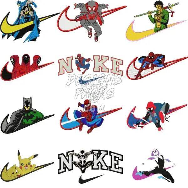 Spider-Man, Batman, Pikachu & anime characters in Nike swoosh designs for DTF, DTG, embroidery