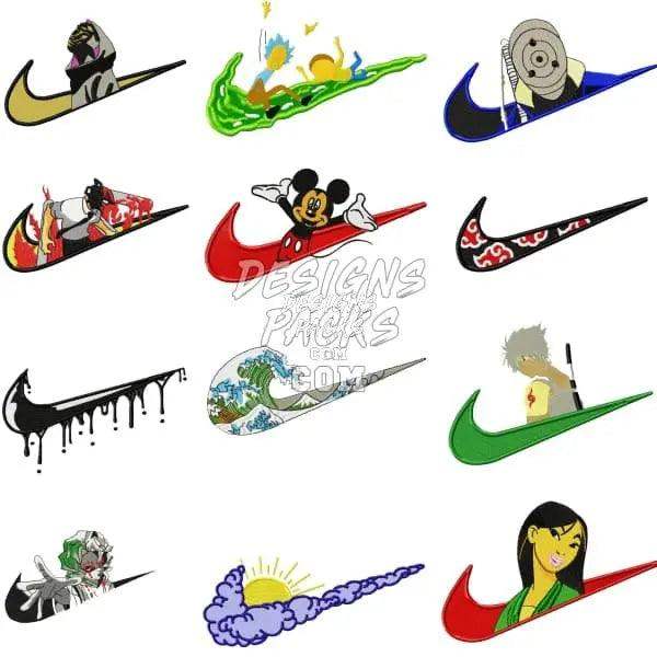 Creative Nike Swoosh designs with anime, Disney, and art themes for DTF, DTG, embroidery, and tumbler wraps