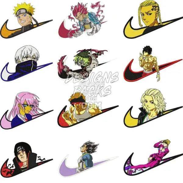 Anime characters in Nike swoosh designs, print-ready PNG for DTF DTG embroidery