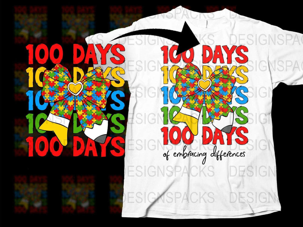 100 Days of School T-Shirt, Colorful Autism Awareness Design, Embracing Differences Tee