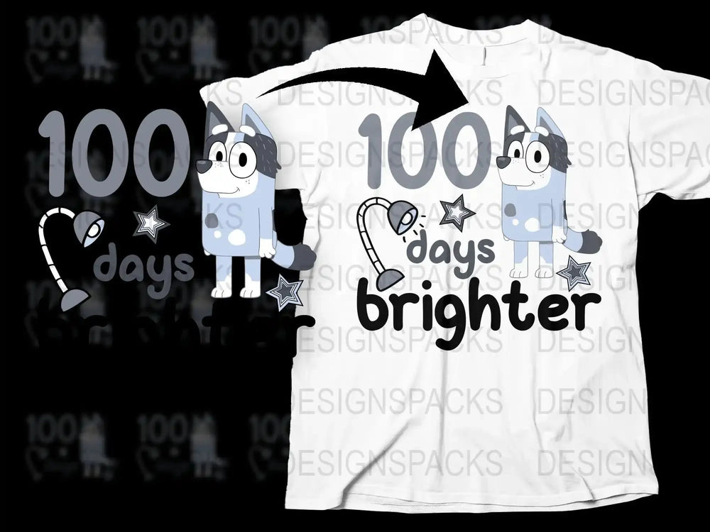 Bluey-themed '100 Days Brighter' t-shirt design with stars and lamp graphic