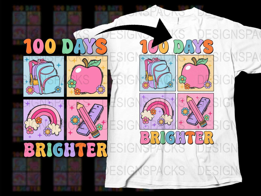 Colorful 100 Days Brighter T-Shirt, Rainbow and Pencil Design, Kids School Celebration Tee, Vibrant Graphic Top for Students