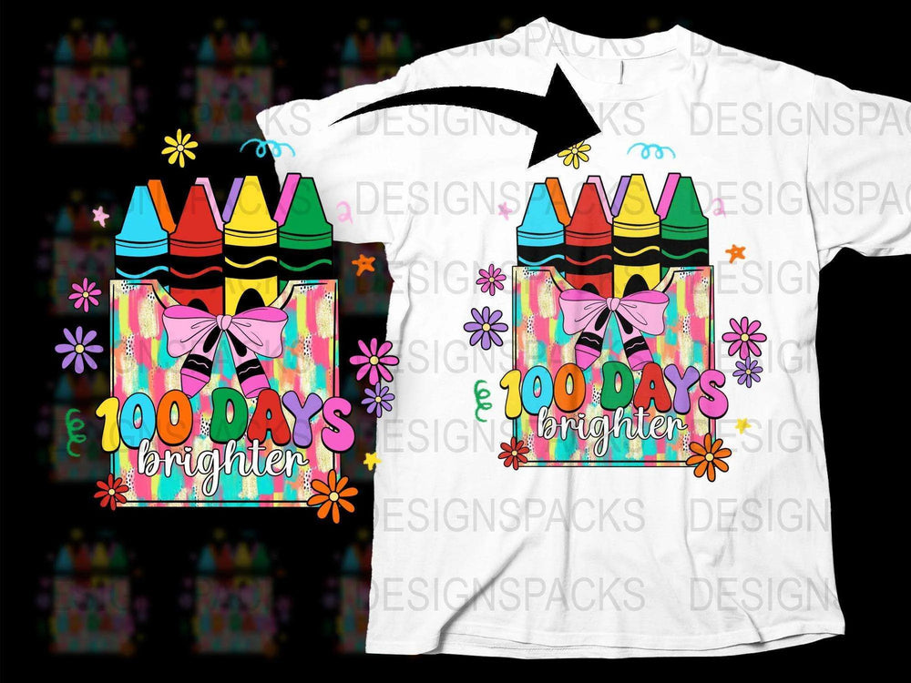 Colorful Crayons 100 Days Brighter T-Shirt, Floral Graphic Tee, Teacher Celebration Shirt, Fun School Event Apparel, Unisex Adult Sizes