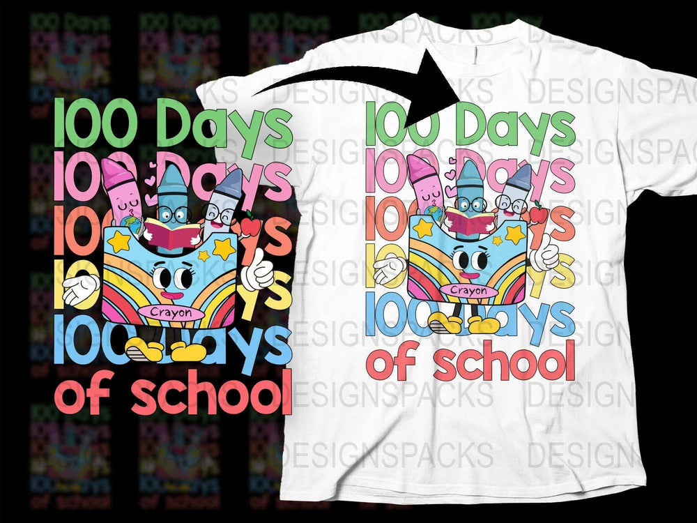 Colorful 100 Days of School T-Shirt, Kids Cartoon Crayon Graphic Tee, Fun Celebration School Shirt for Children