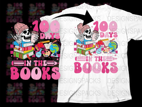 100 Days In The Books T-Shirt, Colorful Book Skull Design, Teacher School Celebration, Reading Goal Achievement Tee, Unisex Shirt
