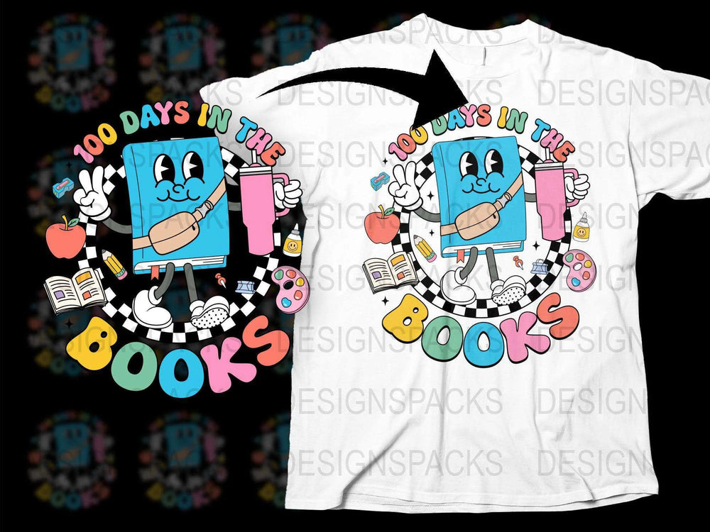 100 Days in The Books T-Shirt, Colorful Cartoon Graphic Tee, Cute Back to School Shirt for Kids and Teachers