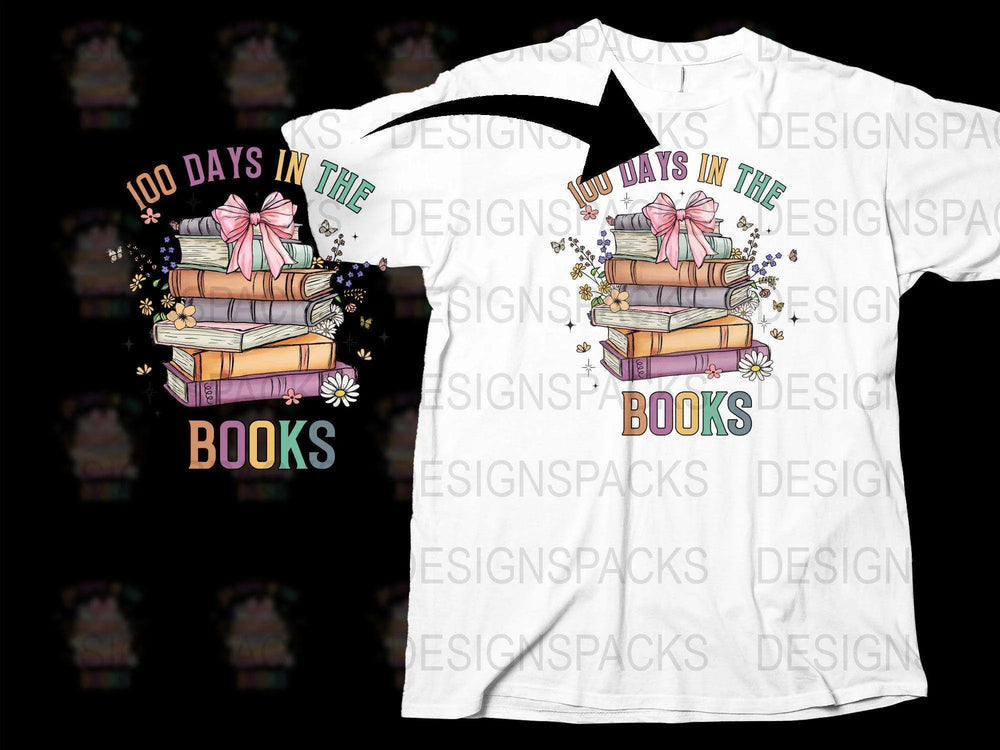100 Days In The Books T-Shirt, Teacher Gift, School Themed Tee, Book Lover, Celebratory White Shirt with Colorful Stack of Books Design