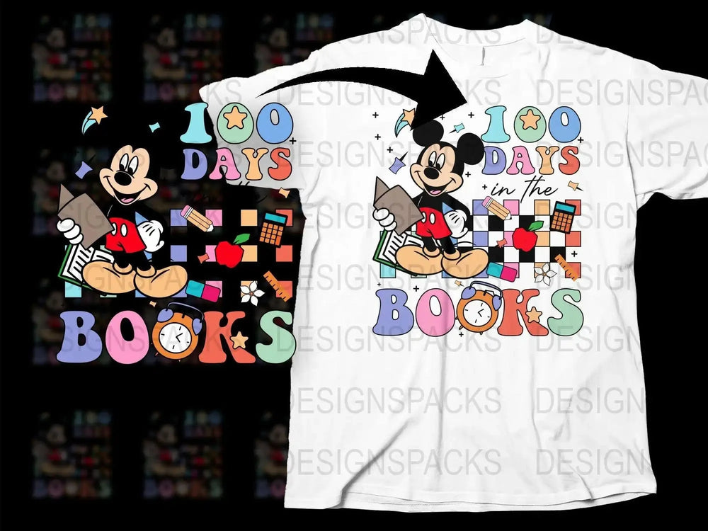 Disney 100 Days of School T-Shirt, Mickey Mouse Reading Books, Kids Cartoon Tee, Colorful Unisex Children's Clothing