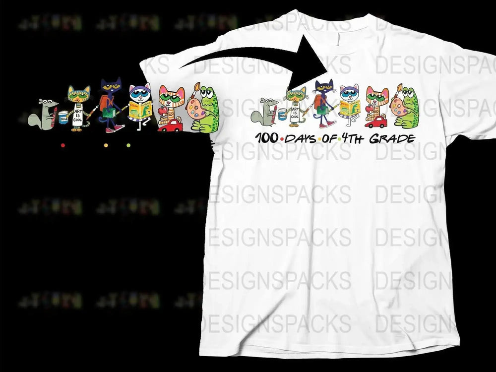 100 Days of 4th Grade Cartoon Animals T-Shirt, Colorful Kids School Celebration Tee, Fun Educational Apparel for Fourth Graders
