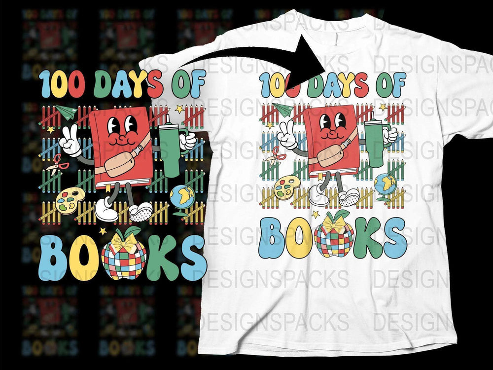 100 Days of Books T-Shirt, Colorful Reading Celebration Tee, Teacher and Student Apparel, Book Lover Gift, Fun Educational Graphic Shirt