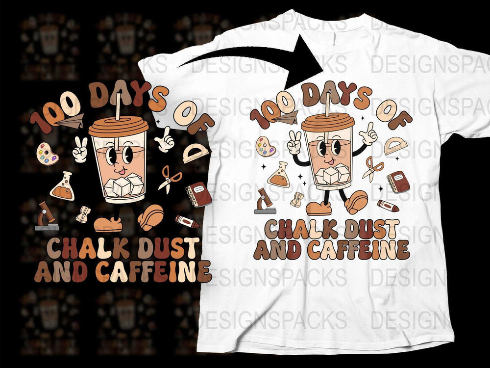 100 Days of Chalk Dust and Caffeine Teacher T-Shirt, Funny Educator Gift, Graphic Tee for Teachers, School Celebration Shirt
