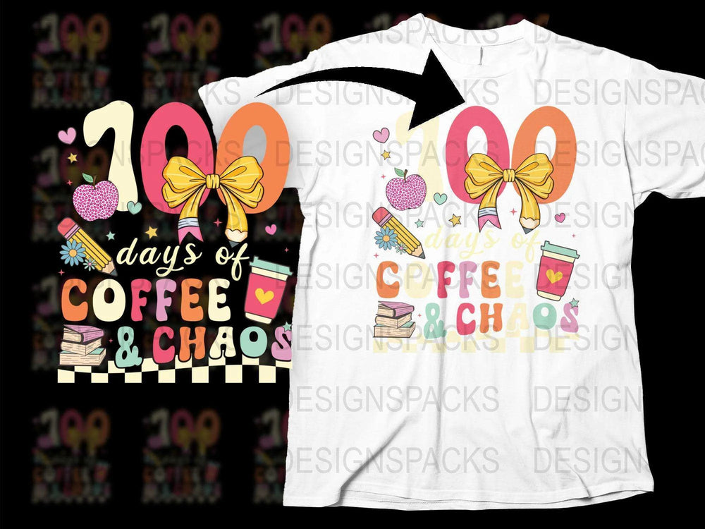 Colorful Teacher T-Shirt, 100 Days of Coffee and Chaos, Fun School Tee, Gift for Teachers, Book and Coffee Lover Shirt, Casual Graphic Tee