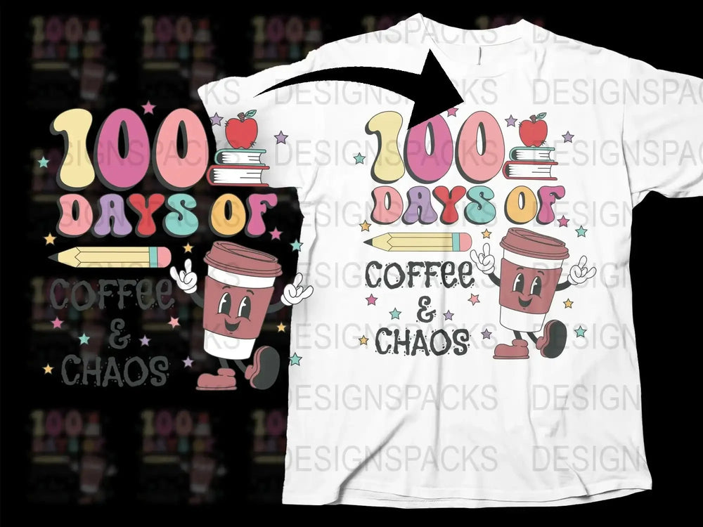Fun 100 Days of Coffee and Chaos T-Shirt, Cute Coffee Cup Graphic Tee, Colorful Casual Shirt for Coffee Lovers