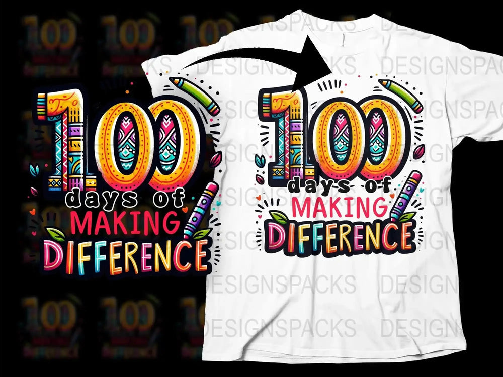 Colorful 100 Days of Making Difference T-Shirt, Vibrant School Celebration Tee, Teacher and Student Apparel, Unique Graphic Design Shirt