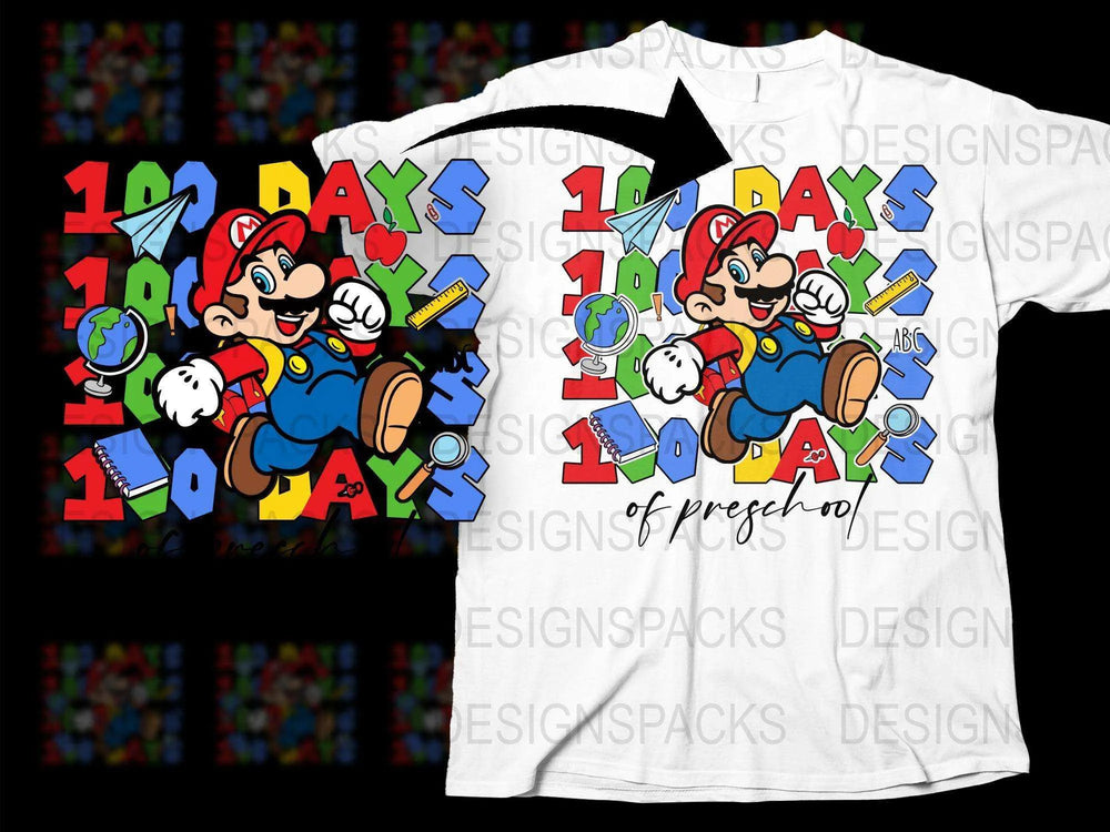 Kids 100 Days of Preschool T-Shirt, Mario Cartoon Graphic Tee, Colorful School Celebration Shirt