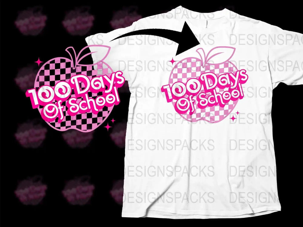 Kids 100 Days of School T-Shirt, Pink Apple Checkered Pattern, Teacher Gift