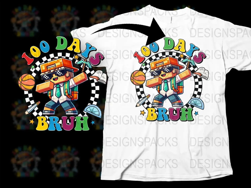 100 Days Brüh pixel character t-shirt design with school items, print-ready for DTF DTG