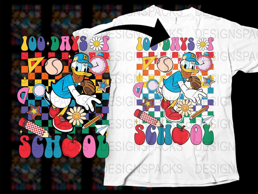 Colorful 100 Days of School T-Shirt, Donald Duck Inspired, Teacher Shirt, Fun Celebration Tee, Kids School Apparel, Bright Design
