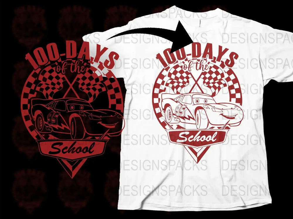 100 Days of School race car t-shirt design with checkered flags, print-ready SVG/PNG for DTG/DTF