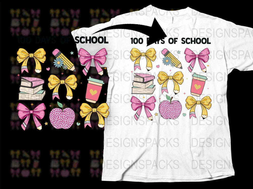 Kids School Celebration T-Shirt, 100 Days of School, Cute Bows and Books Graphic Tee, Colorful Design for Children