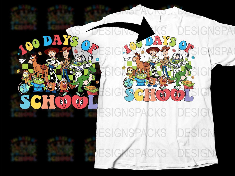 100 Days of School T-Shirt, Colorful Cartoon Characters, Kids Celebration Tee, Fun Educational Shirt for Children, Bright Graphic Top