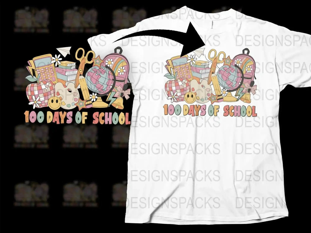100 Days of School t-shirt design with colorful school supplies and flowers