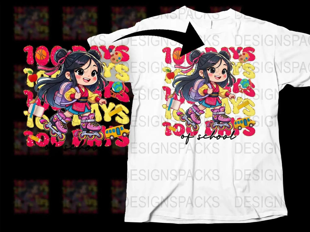 100 Days of School Girl Skating Png Digital Download