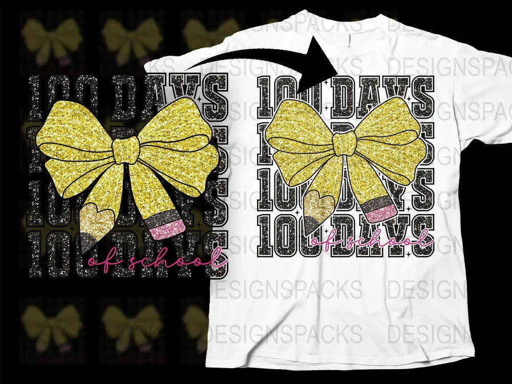 100 Days of School T-Shirt, Glitter Bow Design, White Tee, Celebration Shirt for Kids and Teachers, Fun School Event Apparel