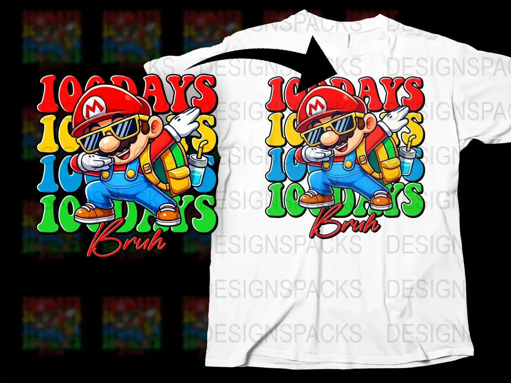 Mario 100 Days Bruth print design for t-shirts, DTF/DTG ready, colorful cartoon graphic with sunglasses and backpack