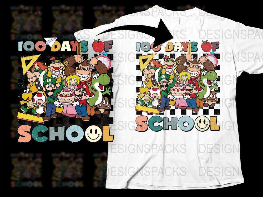 Kids 100 Days of School T-Shirt, Colorful Cartoon Characters Educational Tee, Fun Celebration Shirt for Boys and Girls