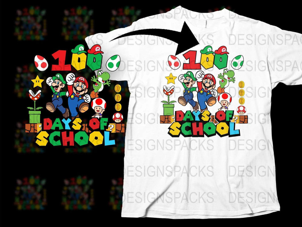 Kids 100 Days of School Mario Themed T-Shirt, Colorful Video Game Graphics, Unisex Children's Clothing