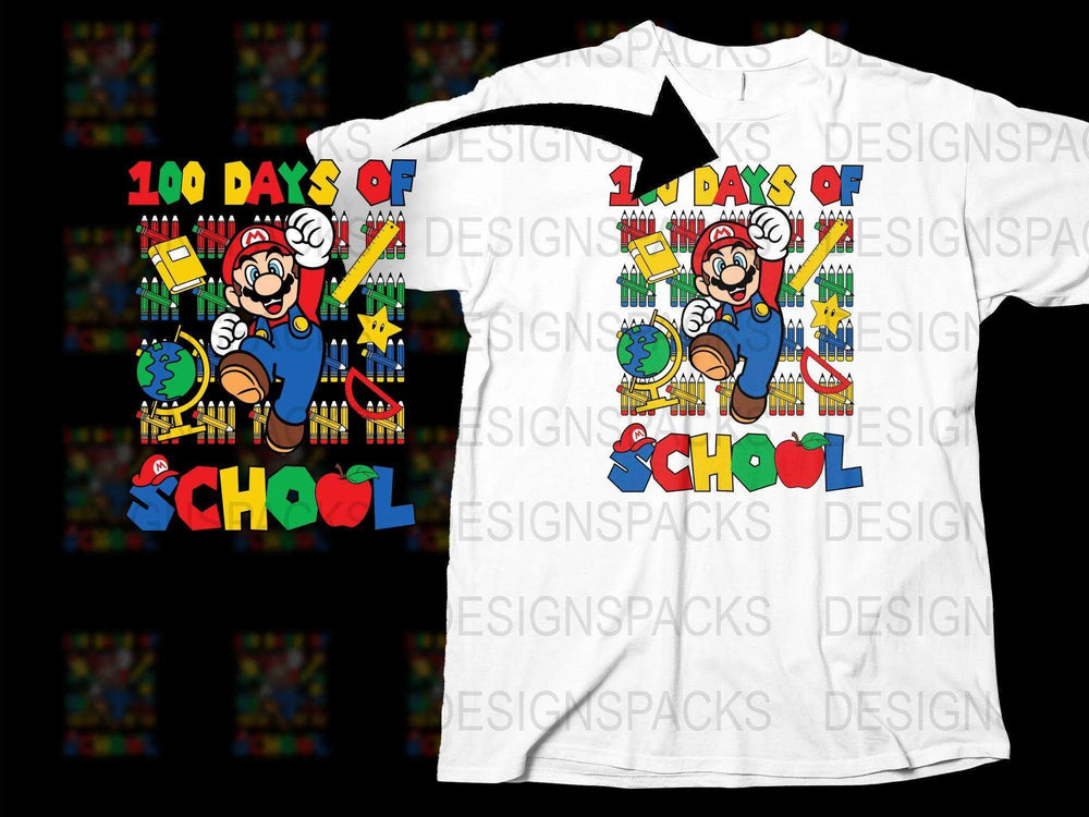 Kids 100 Days of School Mario Inspired T-Shirt, Colorful Graphic Tee, Boys Girls Casual Top