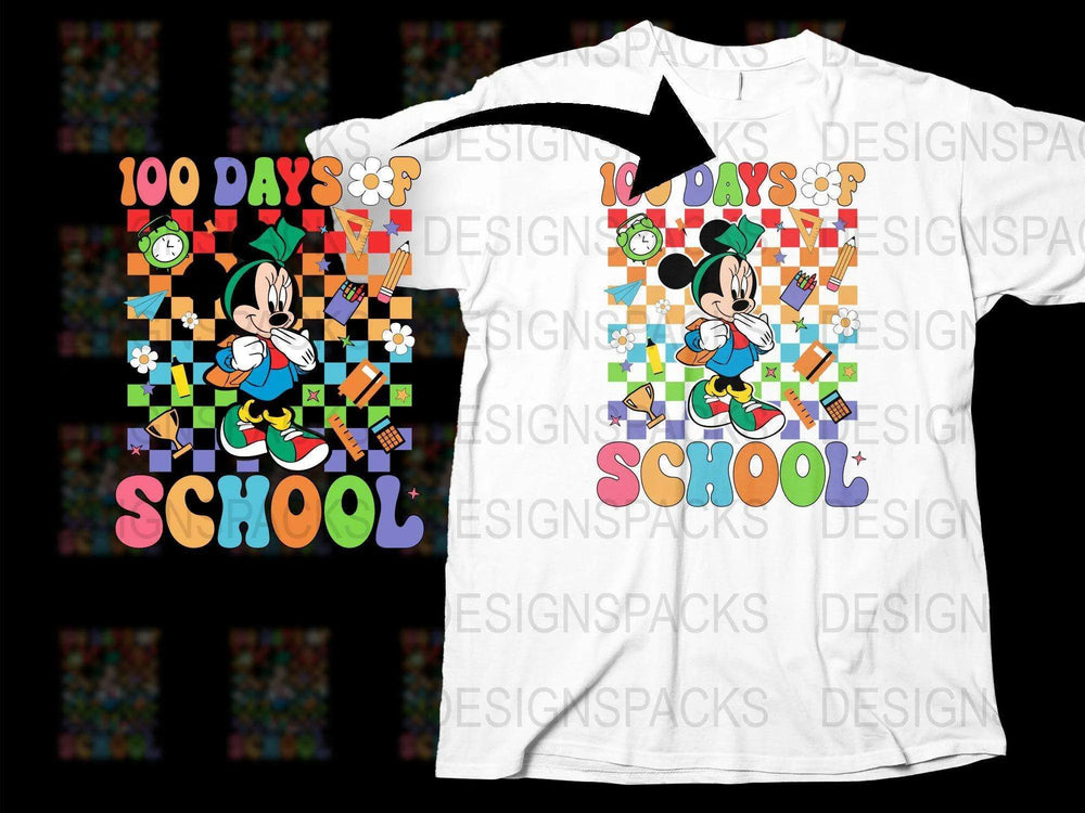 100 Days of School T-Shirt, Colorful Mickey Mouse Design, Kids Cartoon Graphic Tee, Celebration Shirt for Teachers and Students