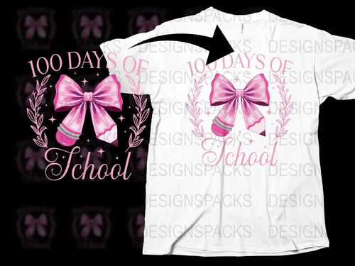 Celebrating 100 Days of School T-Shirt, Pink Bow and Wreath Design, Kids School Milestone Tee