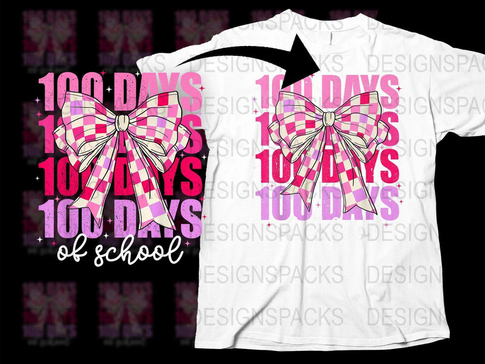 100 Days of School T-Shirt, Pink Plaid Bow Design, Teacher Celebration Tee