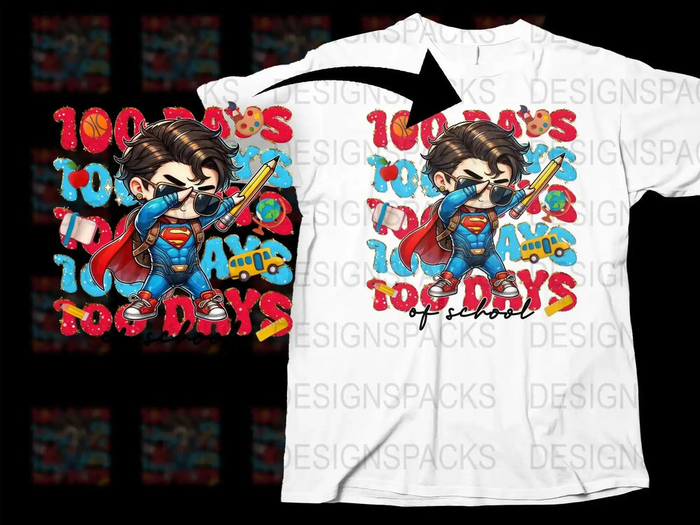 100 Days of School Superhero Cartoon Cool Png Digital Download