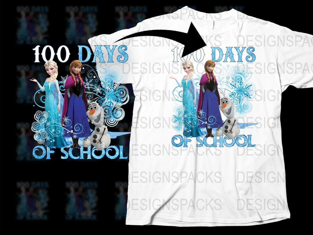 Kids Frozen Theme 100 Days of School Celebration T-Shirt, Cartoon Characters, White Tee