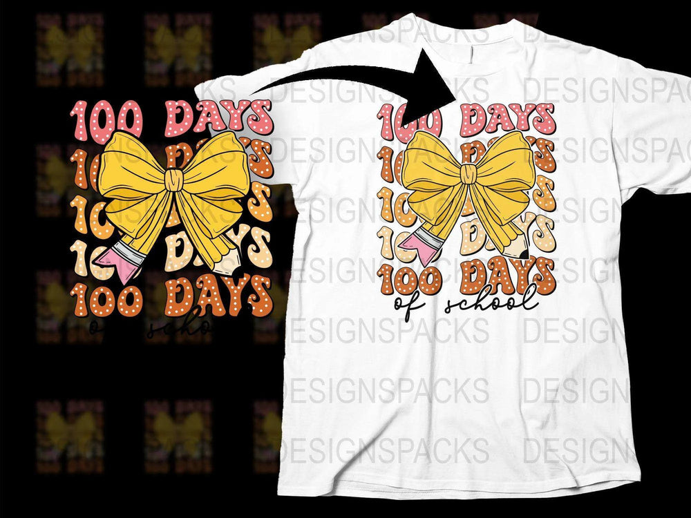 100 Days of School T-Shirt, Colorful Bow Graphic, Celebration Tee for Kids and Teachers, Unisex White Shirt